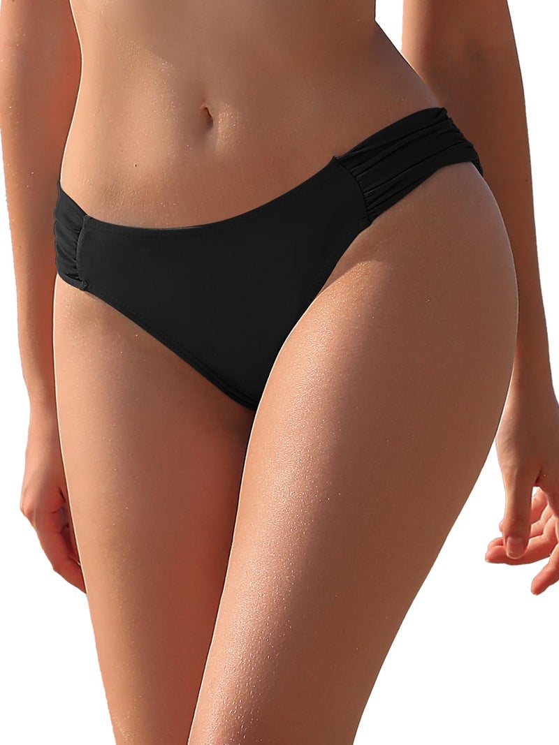 SHEKINI Women's Bikini Bottom Low Waisted Sexy Swimsuit Ruched Sides Hipster Swim Bottom (Large/(US 12-14), Manhattan Black) - Image 1